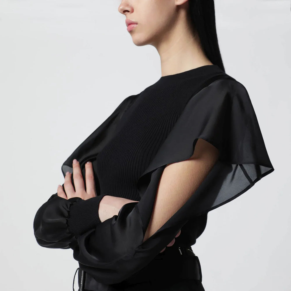 Sacai - Black knit top with semi-sheer sleeves Brand Apparel & Accessories > Clothing > Shirts & Tops 1