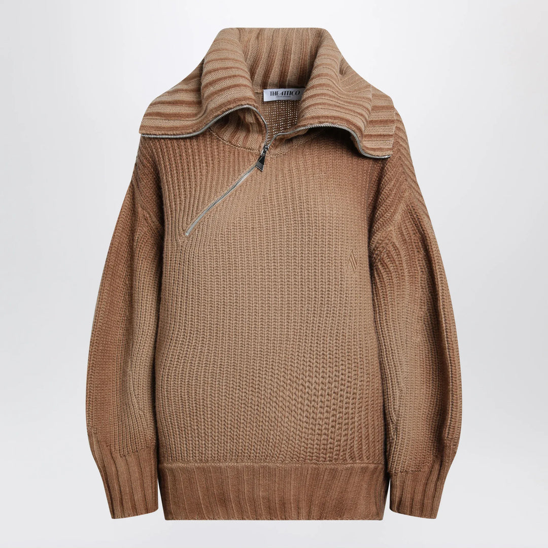 The Attico - Camel wool and cashmere sweater with asymmetric zip Brand Apparel &amp; Accessories > Clothing > Shirts &amp; Tops 38  IT