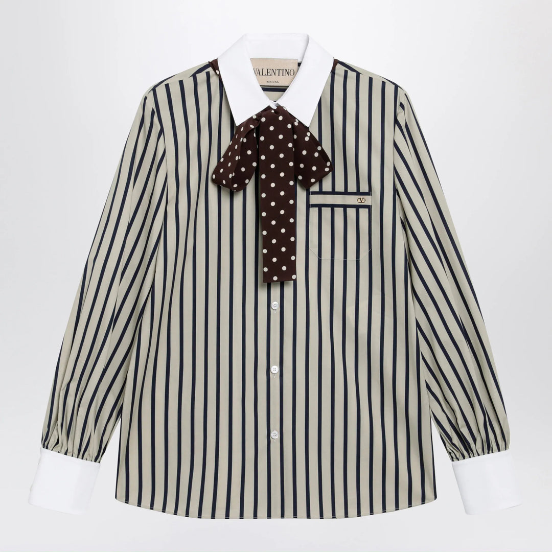 Valentino - Striped cotton shirt with scarf in beige and blue Brand Apparel &amp; Accessories > Clothing > Shirts &amp; Tops 38  IT