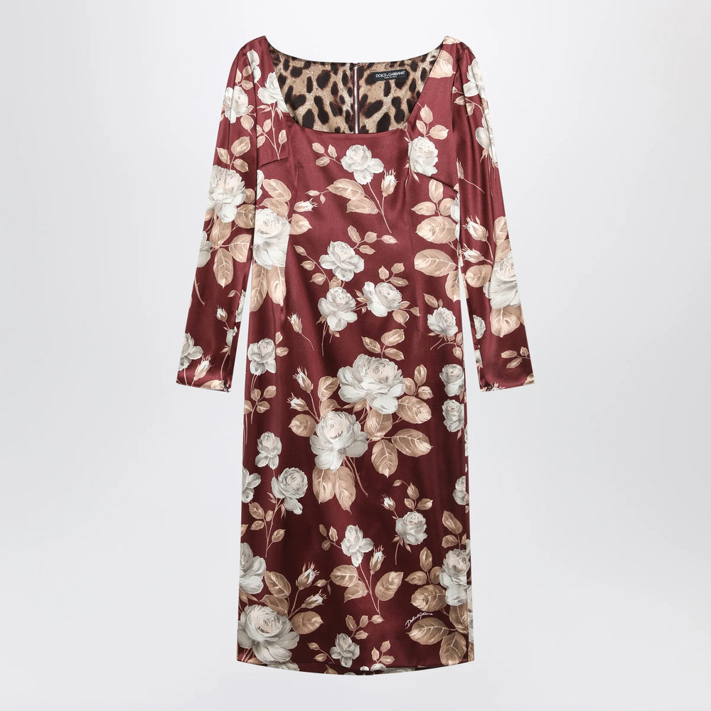 Dolce&Gabbana - Burgundy satin dress with floral print Brand Apparel & Accessories 44  IT