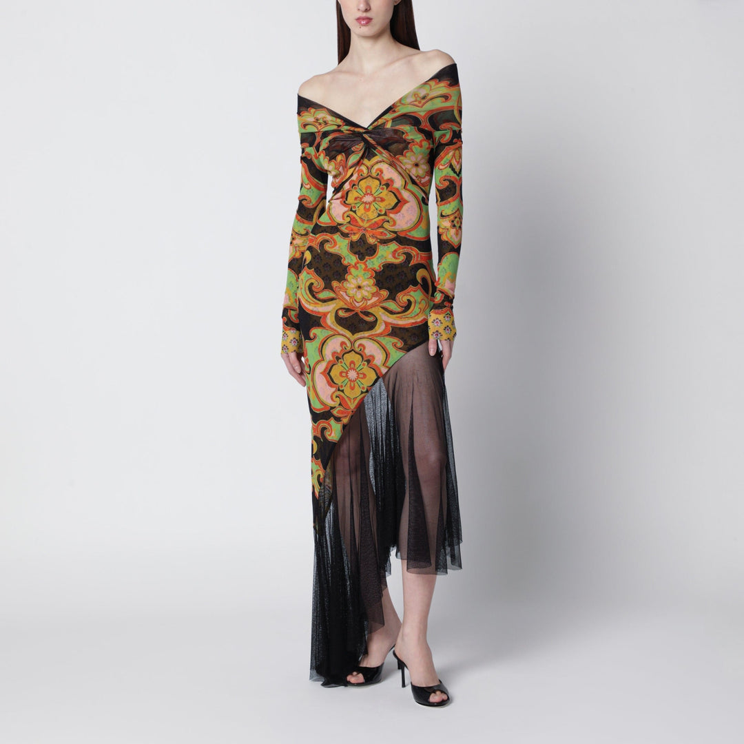Apparel & Accessories ETRO - Asymmetrical midi dress in stretch tulle with traditional floral print Brand