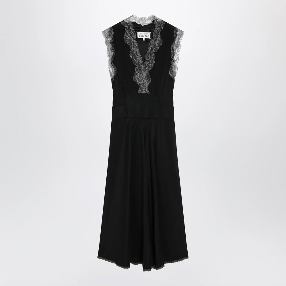 Maison Margiela - Black silk midi dress with lace Brand Apparel & Accessories 40  IT