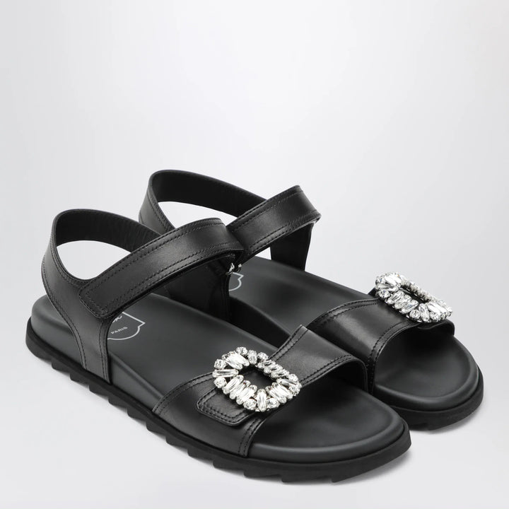 ROGER VIVIER - Black leather sandals with crystal buckle Brand Apparel &amp; Accessories > Shoes