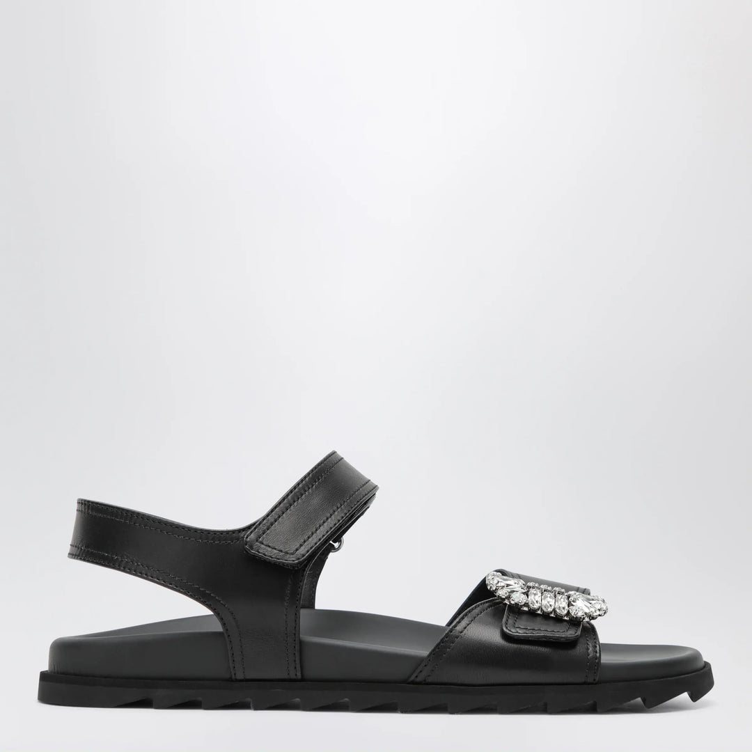 ROGER VIVIER - Black leather sandals with crystal buckle Brand Apparel &amp; Accessories > Shoes 36 IT