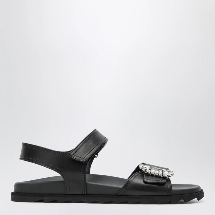 ROGER VIVIER - Black leather sandals with crystal buckle Brand Apparel &amp; Accessories > Shoes 36 IT