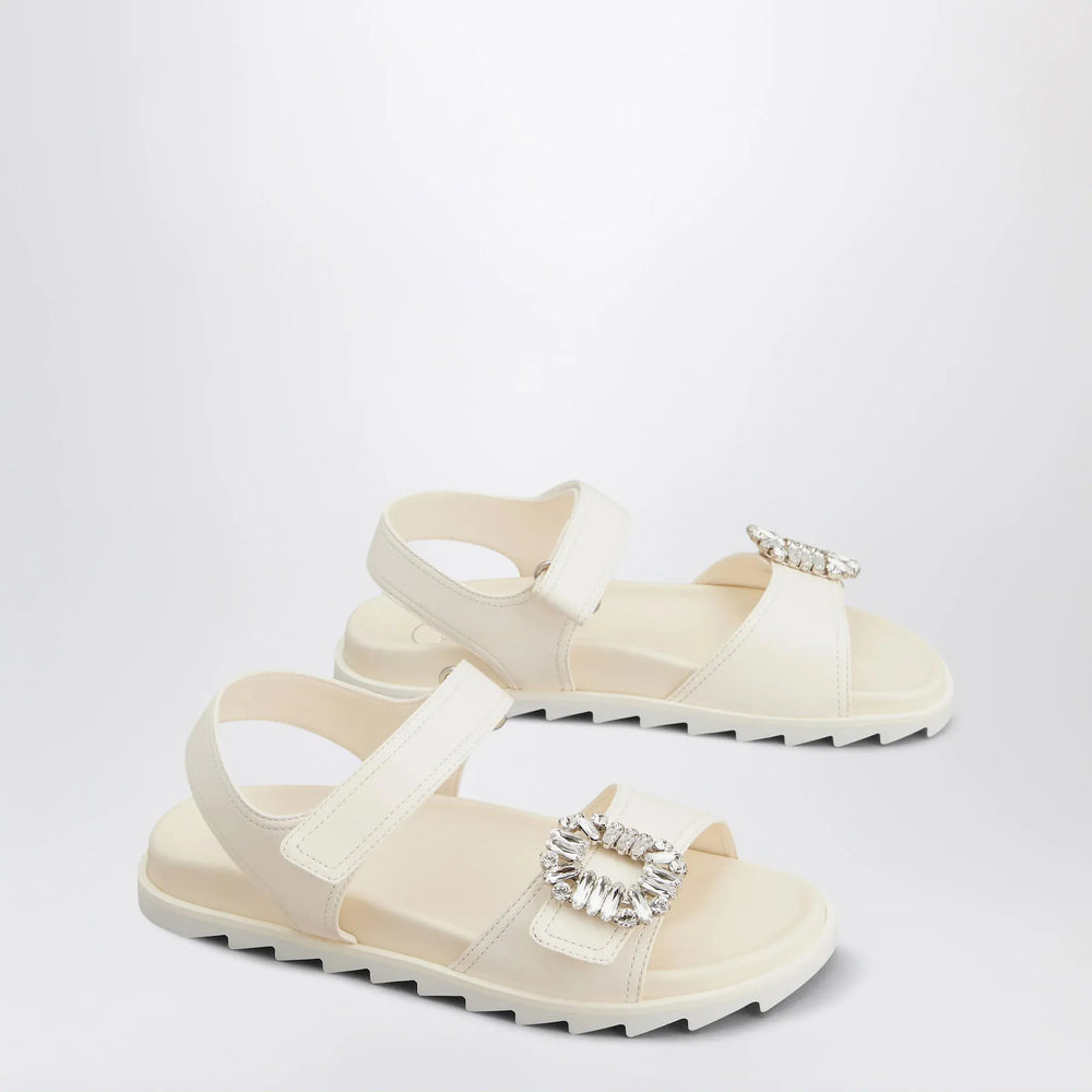 ROGER VIVIER - Ivory leather sandals with crystal buckle Brand Apparel & Accessories > Shoes
