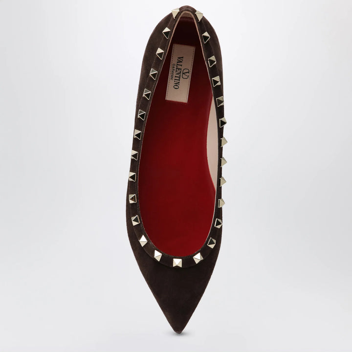 Valentino Garavani - Brown Suede Rockstud Ballet Flats Brand Apparel &amp; Accessories