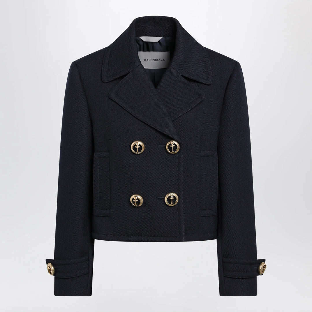Balenciaga - Cropped caban coat in textured wool, navy Brand 38  FR