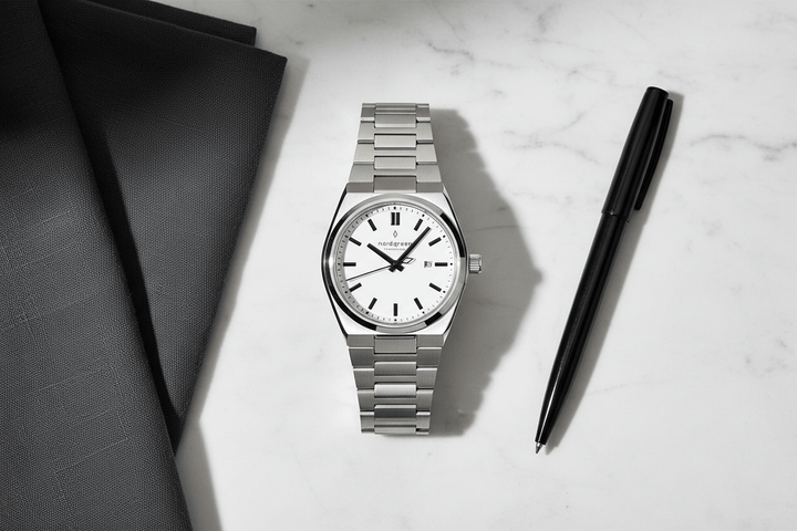Nordgreen Succession 41mm White Dial &amp; Black Indicies Stainless Steel Strap Watch Brand Chronograph Watches