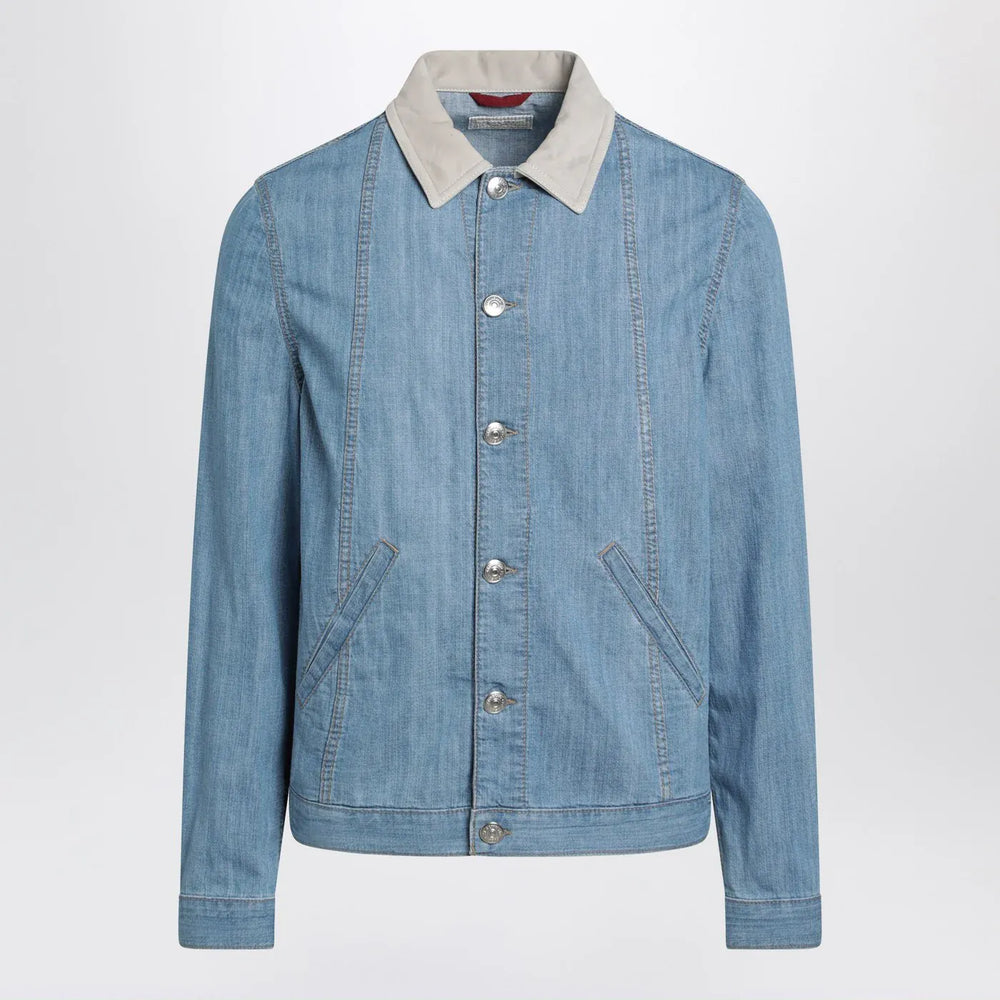 Brunello Cucinelli - Blue denim jacket with suede collar Brand Coats & Jackets 48 IT