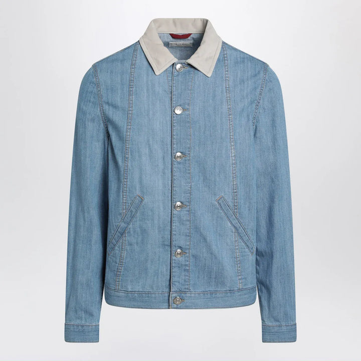 Brunello Cucinelli - Blue denim jacket with suede collar Brand Coats &amp; Jackets 48 IT