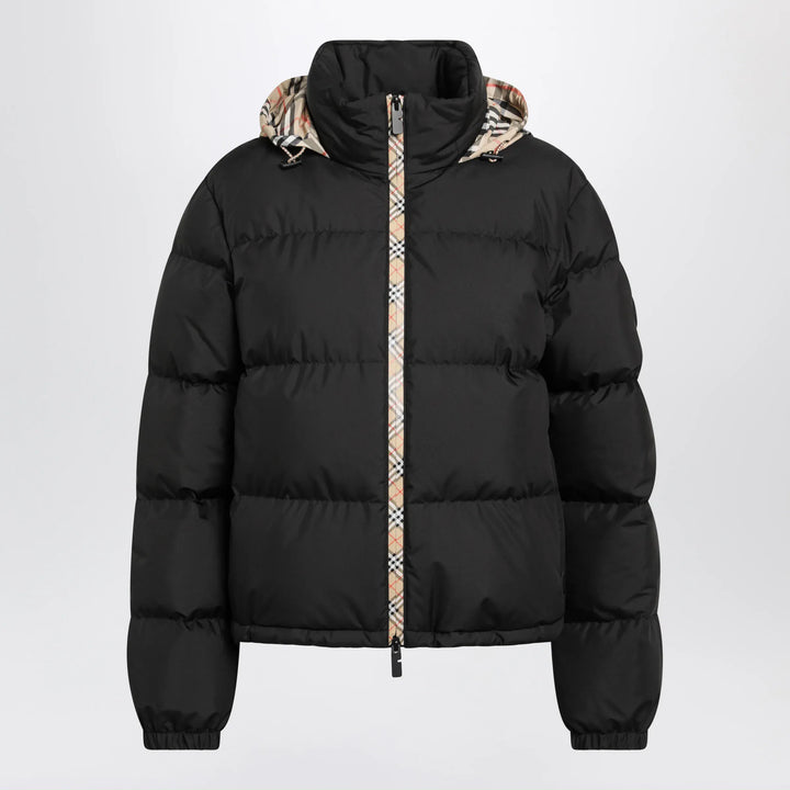 Burberry - Black Zip-Up Down Jacket with Check Detail Brand Coats &amp; Jackets S