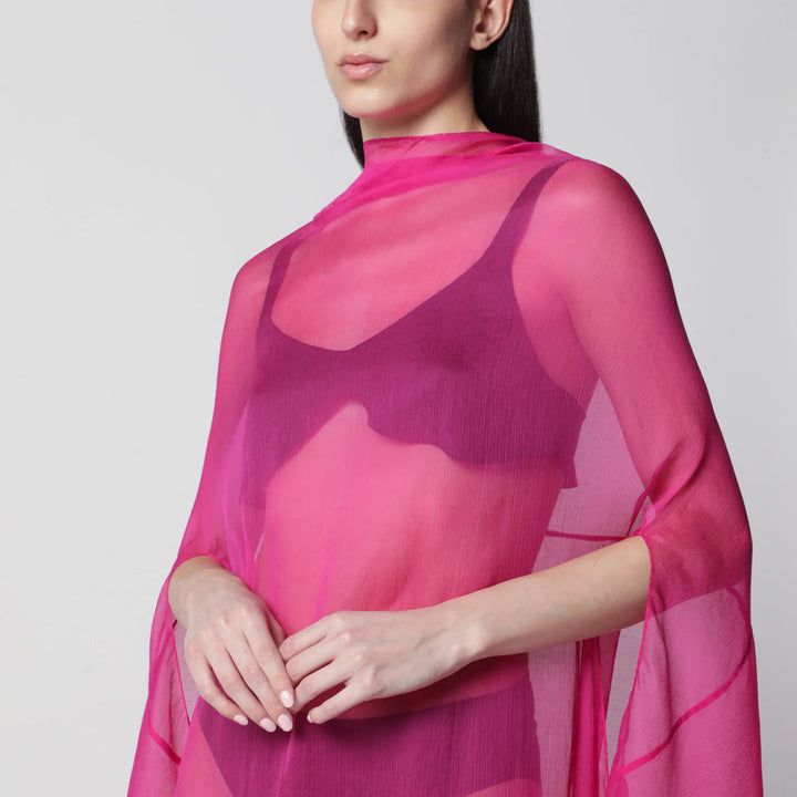 Dries Van Noten - Wide Cape Dress Fuchsia in Sheer Silk Brand Coats &amp; Jackets