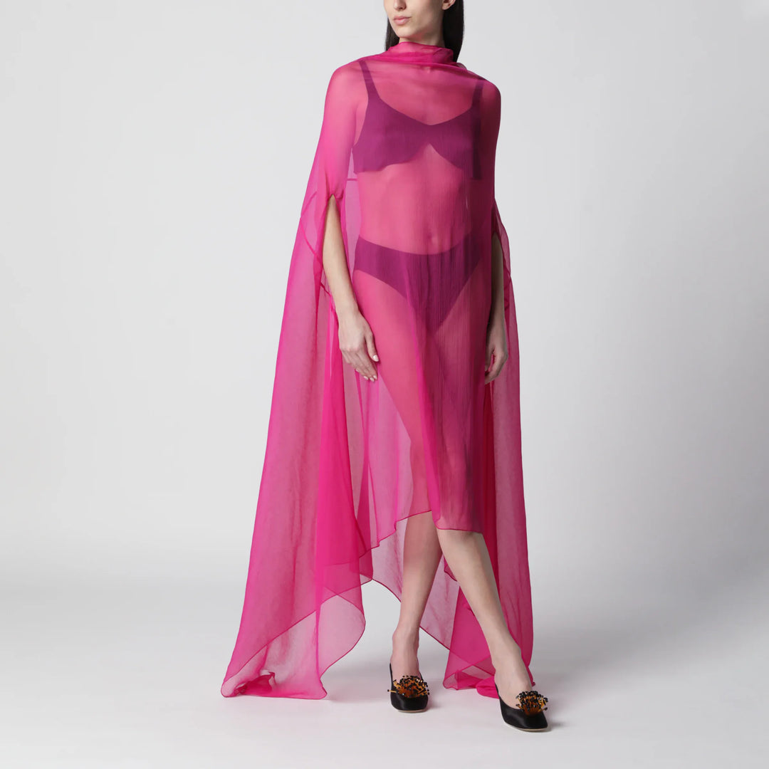 Dries Van Noten - Wide Cape Dress Fuchsia in Sheer Silk Brand Coats &amp; Jackets S