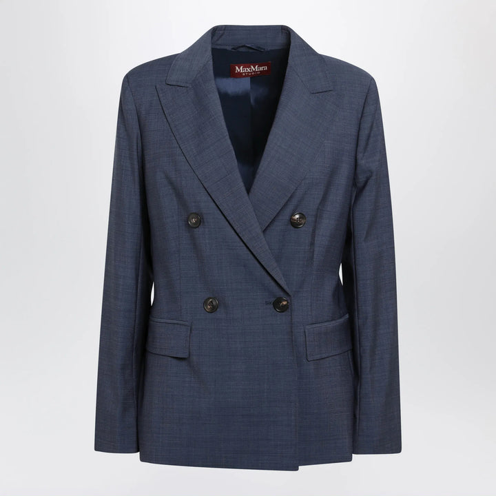 Max Mara Studio - Double-Breasted Jacket in Denim Blue Wool Canvas Brand Coats &amp; Jackets 40  IT