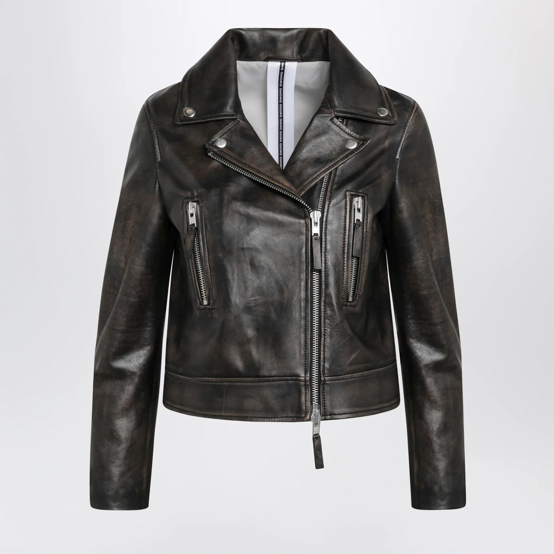 Sword 6644 - Black vintage-effect leather biker jacket Brand Coats &amp; Jackets 40  IT
