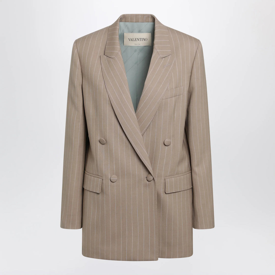 Valentino - Double-Breasted Pinstripe Jacket in Mud/Ivory Virgin Wool Brand Coats &amp; Jackets 38  IT