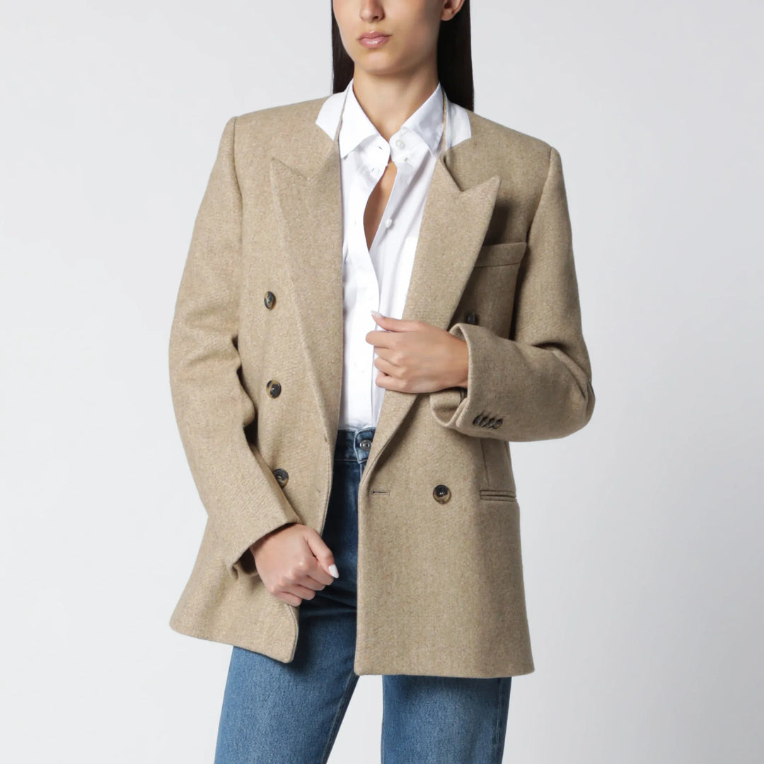 Victoria Beckham - Beatrice Double-Breasted Jacket in Camel Wool Brand Coats &amp; Jackets 6 UK