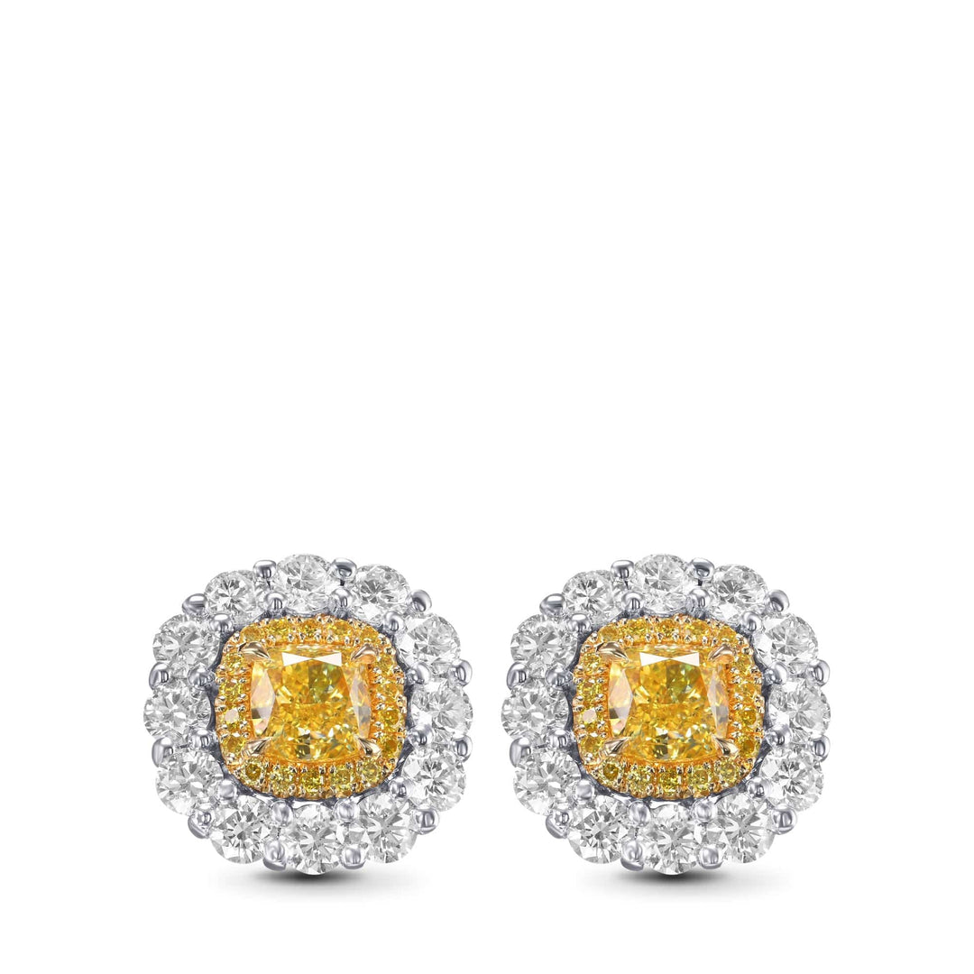 Fancy Intense Yellow Cushion Double Halo Diamond Earrings Brand Earrings