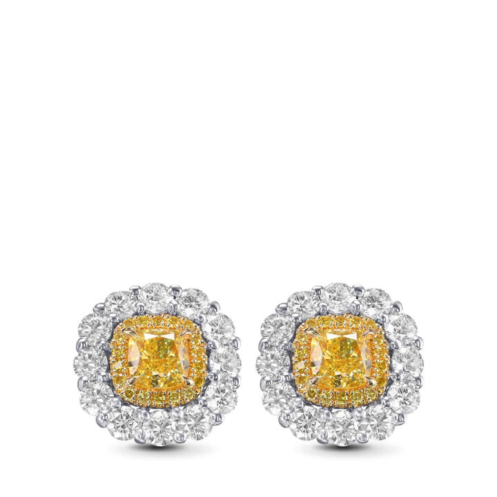 Fancy Intense Yellow Cushion Double Halo Diamond Earrings Brand Earrings