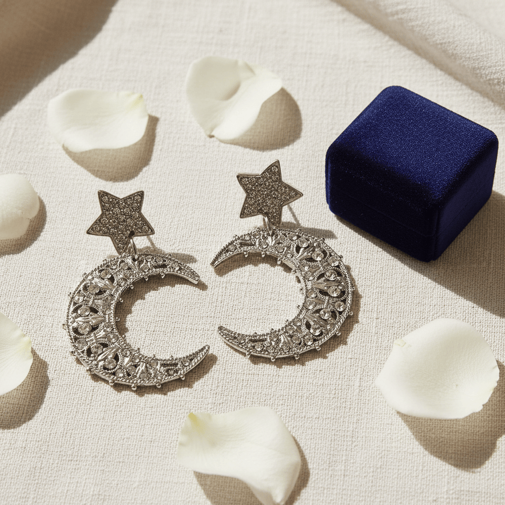 Giora' Earrings Moon Shape Star With Swarovski Crystals Brand Earrings