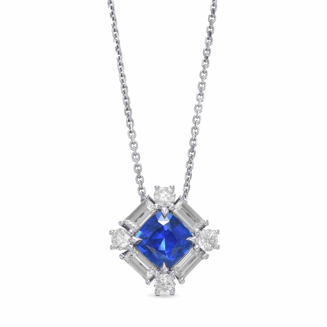 Cushion Blue Sapphire and Baguette Diamond Halo Pendant Brand Necklace