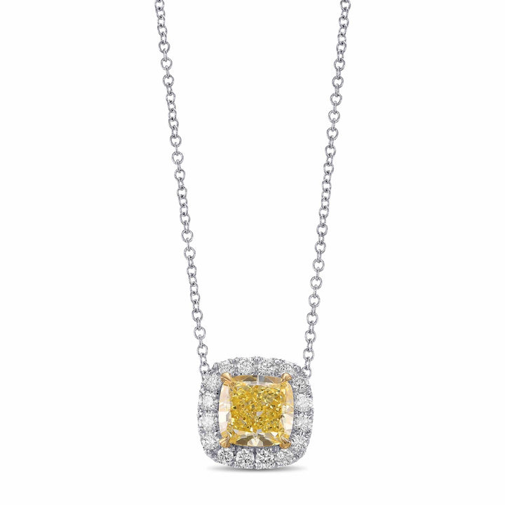Fancy Intense Yellow Cushion Diamond Halo Pendant Brand Necklace