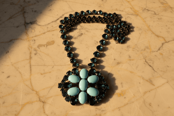 Giora Necklace with Blue Swarovski Precious Stones and Turquoise Cabochon Brand Necklace