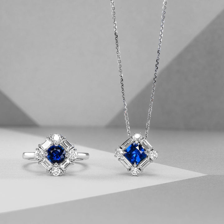 LEIBISH 0.92ct Cushion Blue Sapphire &amp; Baguette Diamond Pendant Brand Necklace