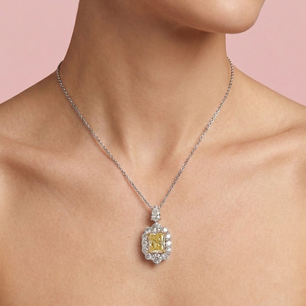LEIBISH 1.21ct Fancy Yellow Radiant Diamond Halo Pendant Brand Necklace