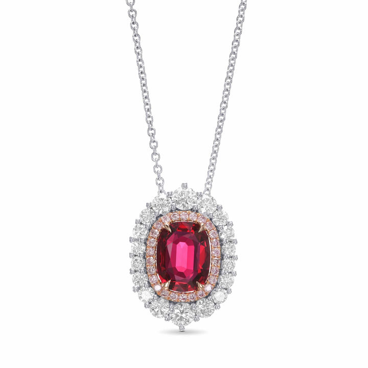 Oval Pigeon Blood Ruby and Diamond Double Halo Pendant Brand Necklace