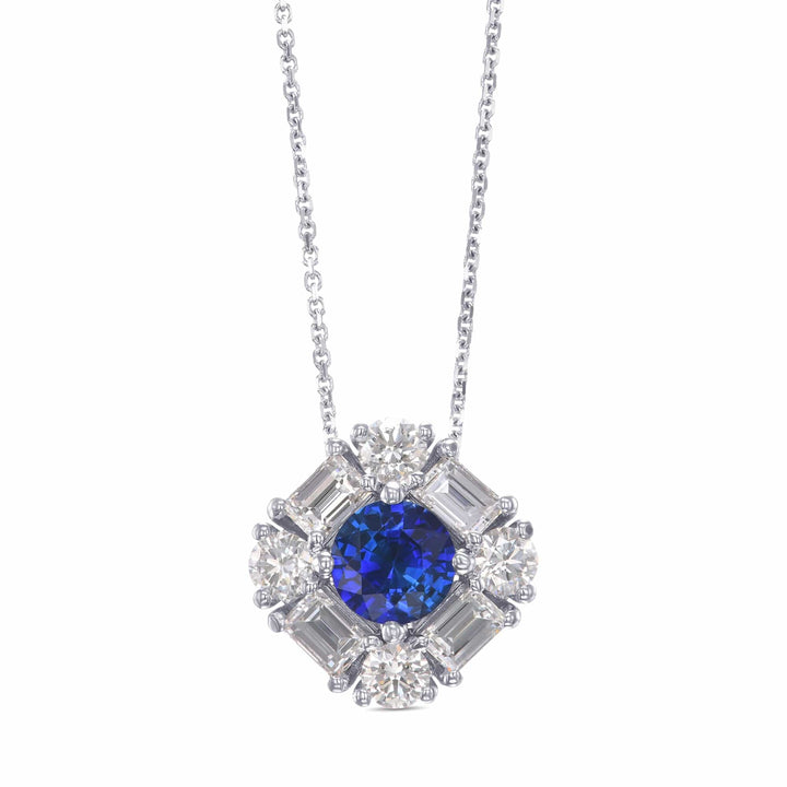 Round Blue Sapphire and  Baguette Diamond Halo Pendant Brand Necklace