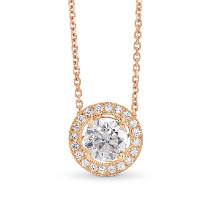 Round Brilliant Rose Gold Halo Diamond Pendant Brand Necklace
