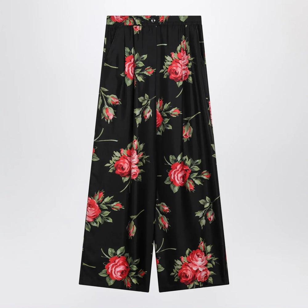 Dolce&Gabbana - Wide twill trousers with rose bouquet print Brand Pants 42  IT