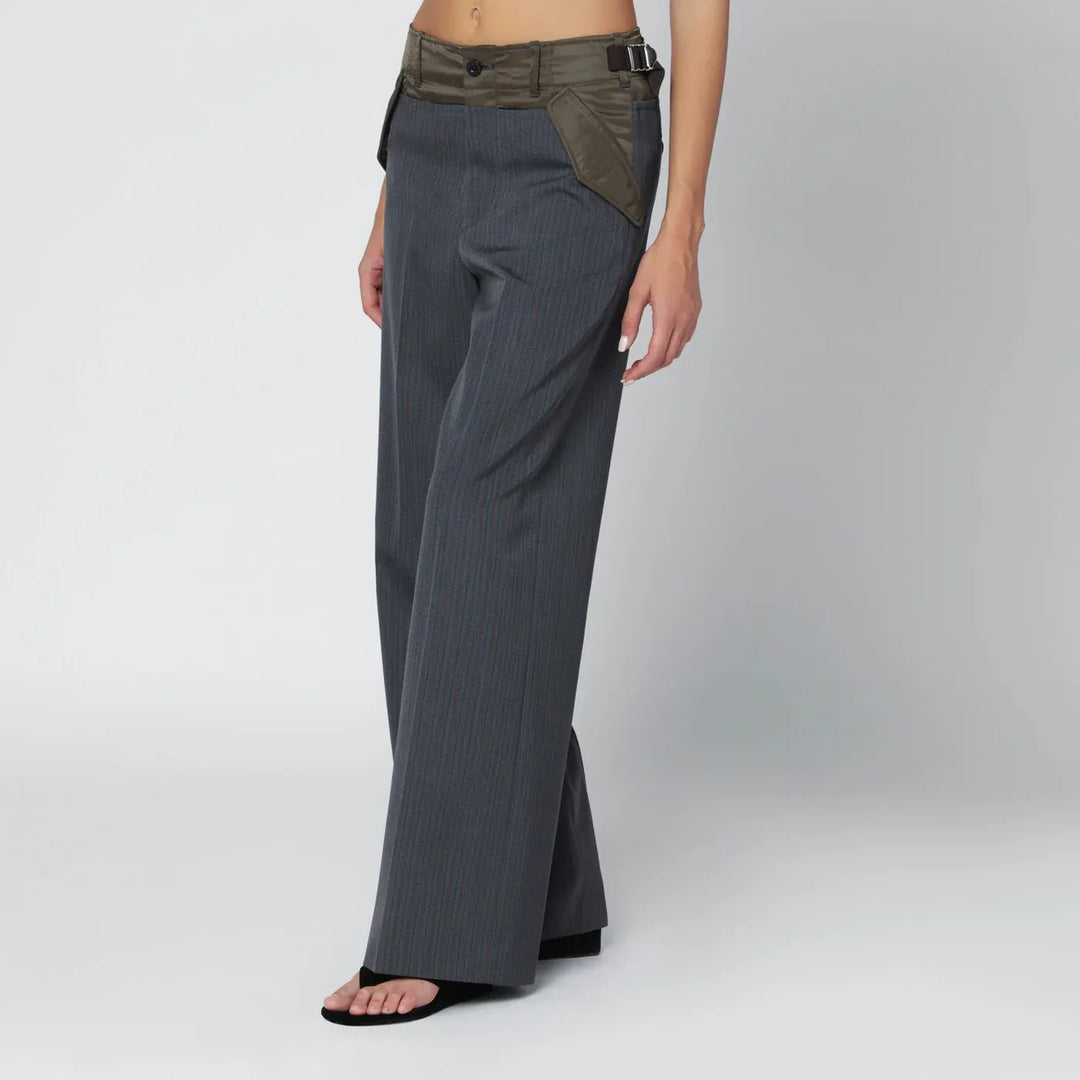 Sacai - Grey/khaki pinstripe bi-material trousers Brand Pants