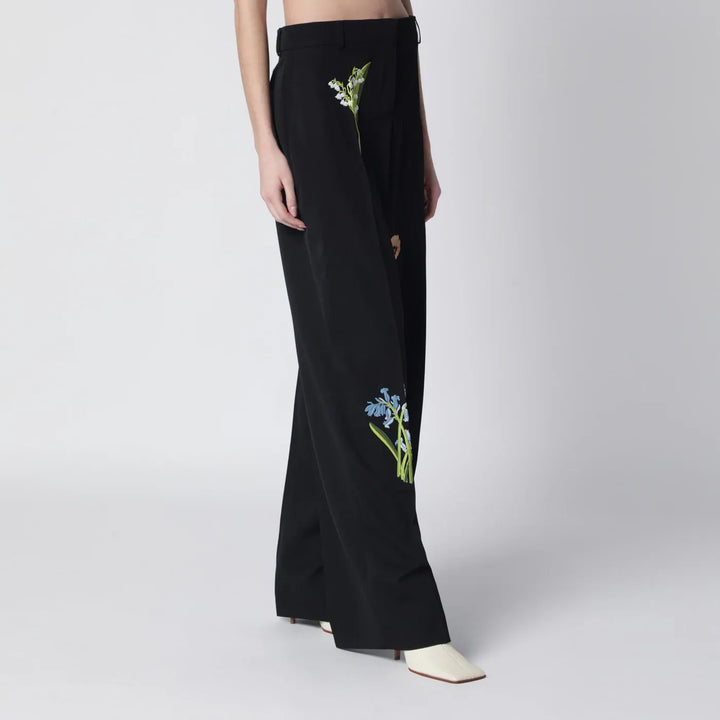Stella McCartney - Black wool trousers with floral embroidery Brand Pants 38  IT