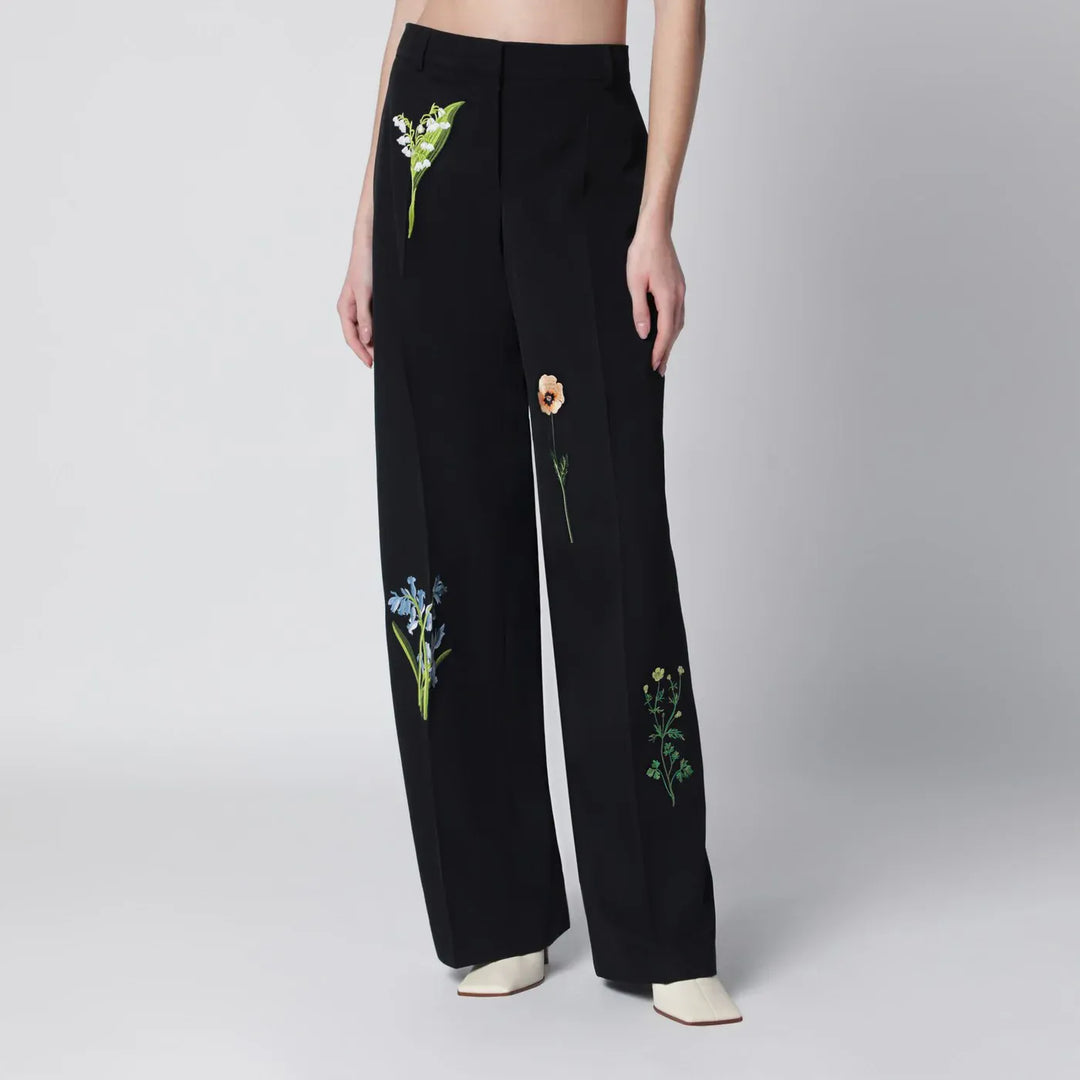 Stella McCartney - Black wool trousers with floral embroidery Brand Pants 38  IT