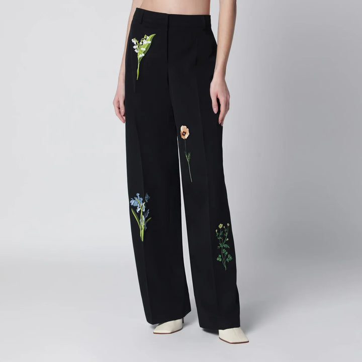 Stella McCartney - Black wool trousers with floral embroidery Brand Pants 38  IT