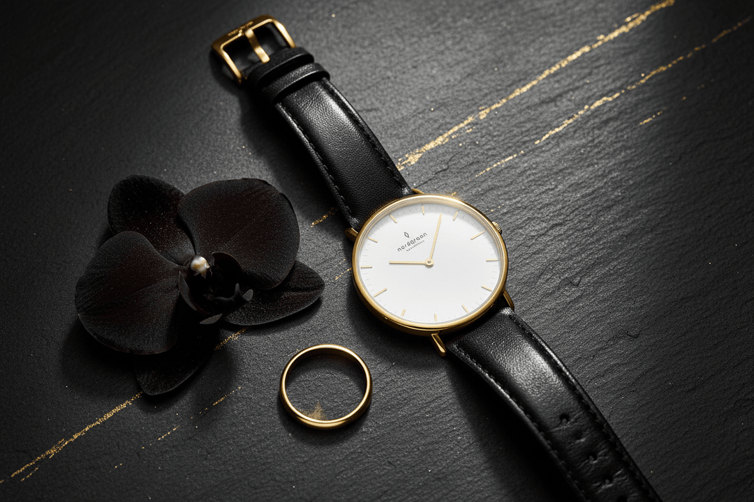 Nordgreen Native 36mm Yellow Gold Case Black Leather Strap Watch Brand Quartz Watches