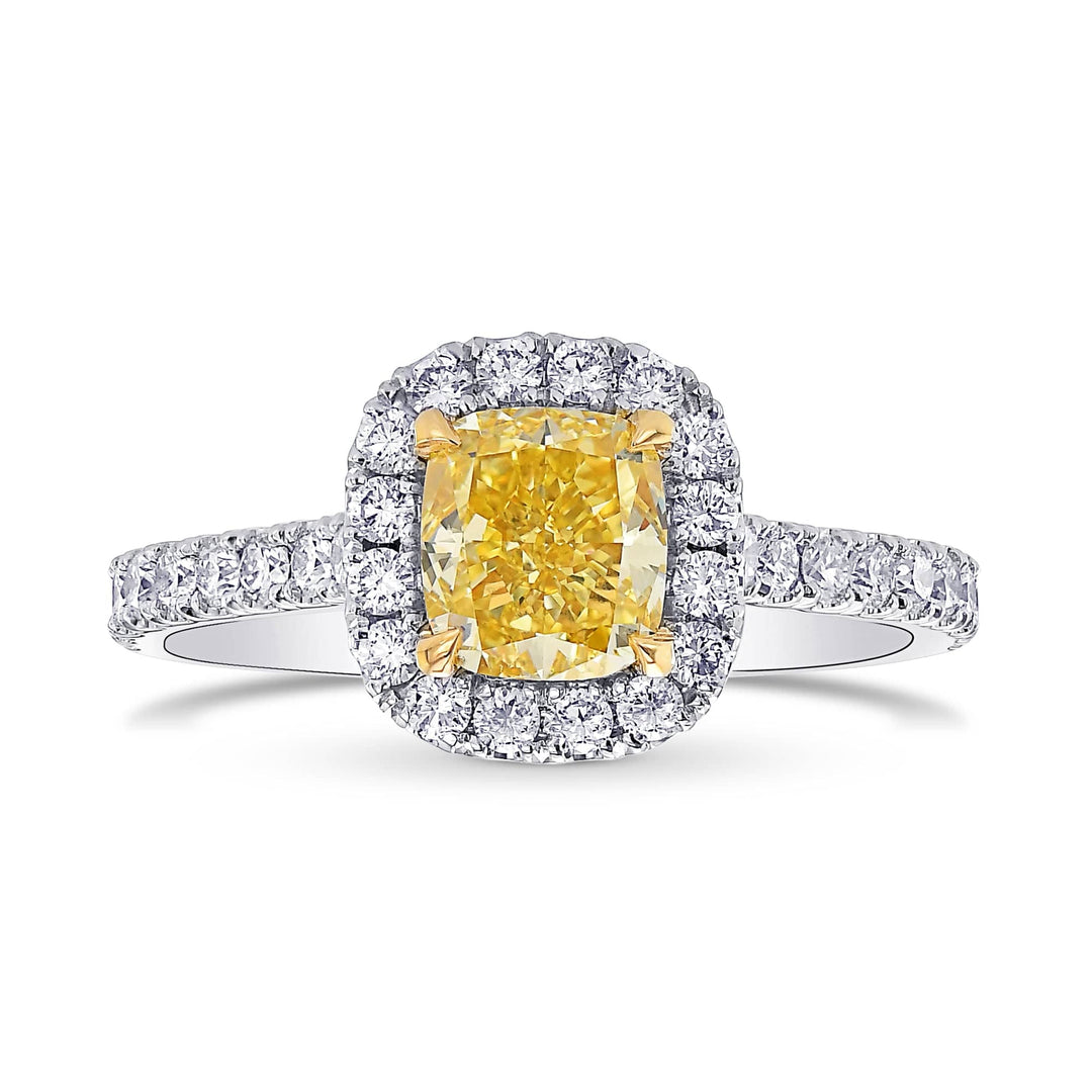 Fancy Vivid Yellow Cushion Diamond Halo Ring Brand Ring