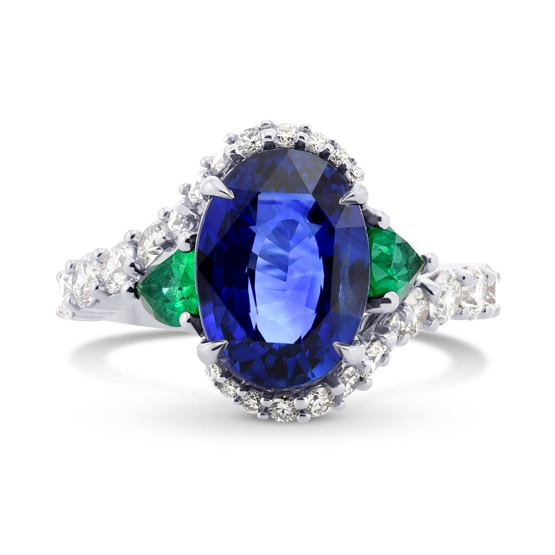 Royal Blue Oval Sapphire, Pear Emeralds, and Diamond Ring Brand Ring