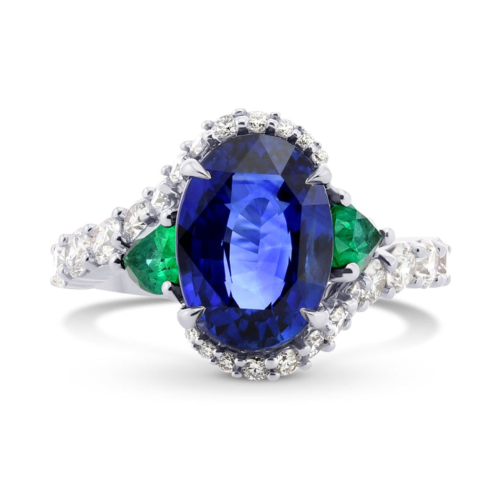 Royal Blue Oval Sapphire, Pear Emeralds, and Diamond Ring Brand Ring