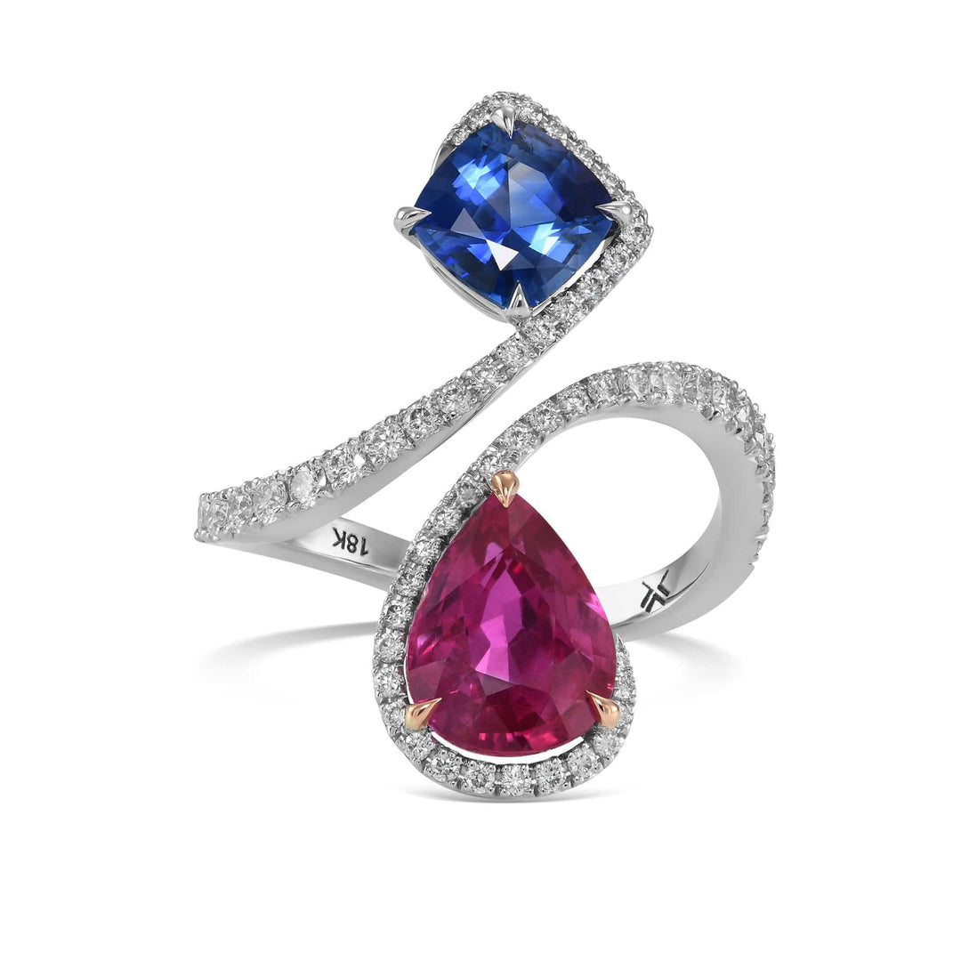 Ruby, Blue Sapphire and Diamond Two-stone Crossover Ring Brand Ring