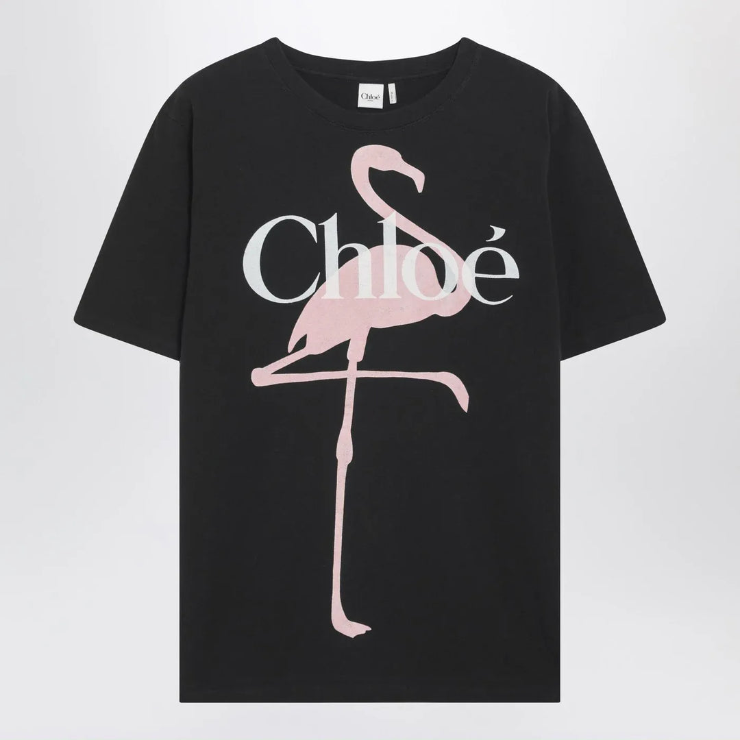 Chloé - Black oversized T-shirt with logo and flamingo print Brand Shirts &amp; Tops XS