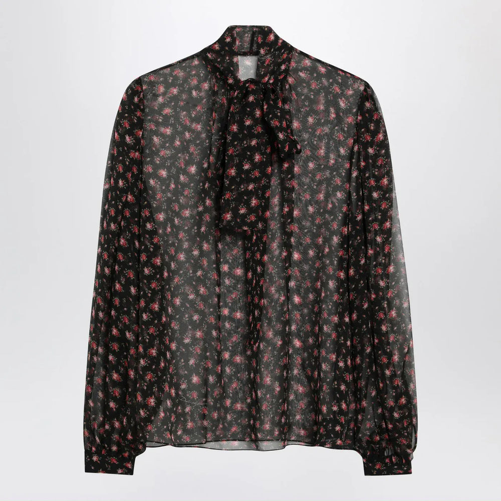 Dolce&Gabbana - Black chiffon blouse with small rose print Brand Shirts & Tops 42  IT