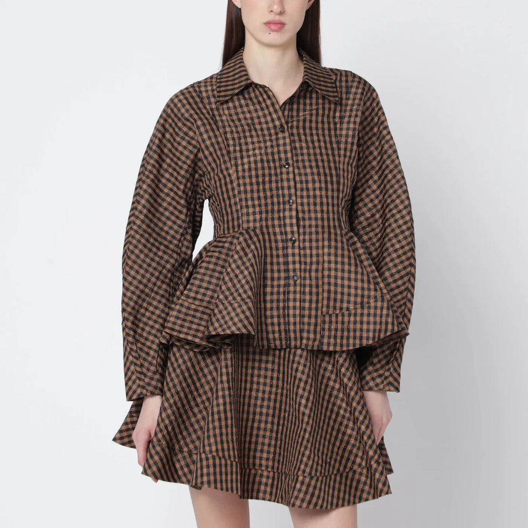 GANNI - Brown/black gingham peplum shirt Brand Shirts &amp; Tops 34  FR