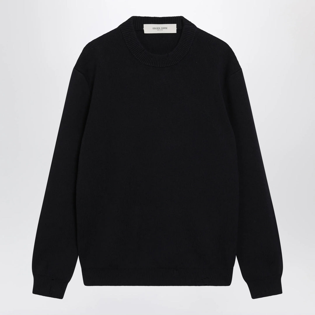 Golden Goose - Dark Blue Cotton-Blend Sweater with Distressed Effect Brand Shirts &amp; Tops S