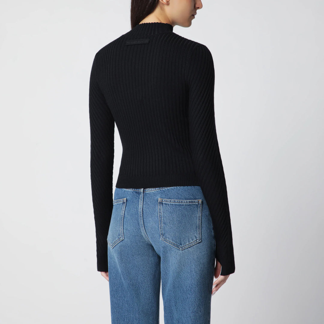 Victoria Beckham - Georgia Ribbed Sweater in Black Merino Wool Brand Shirts &amp; Tops M