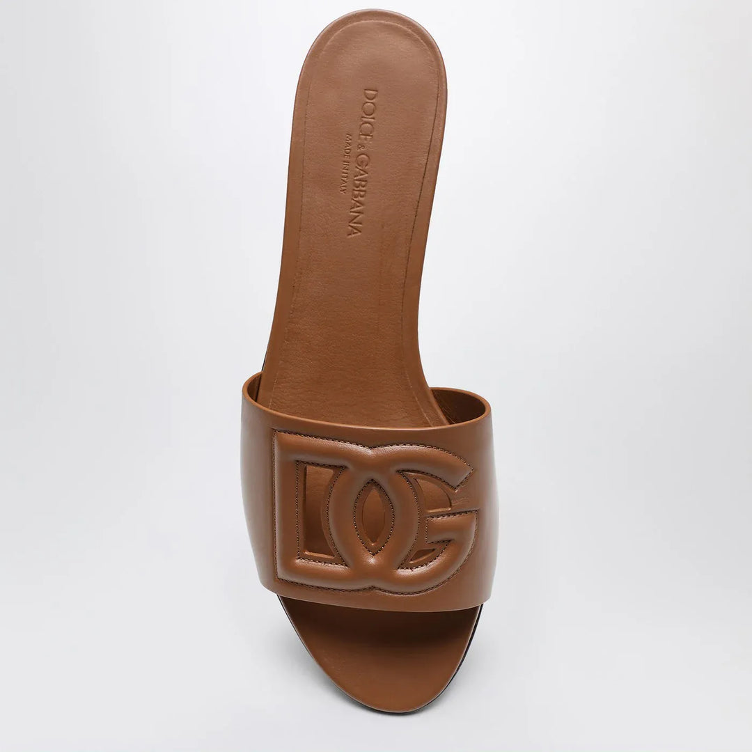 Dolce&amp;Gabbana - Brown leather slides with DG logo Brand Shoes
