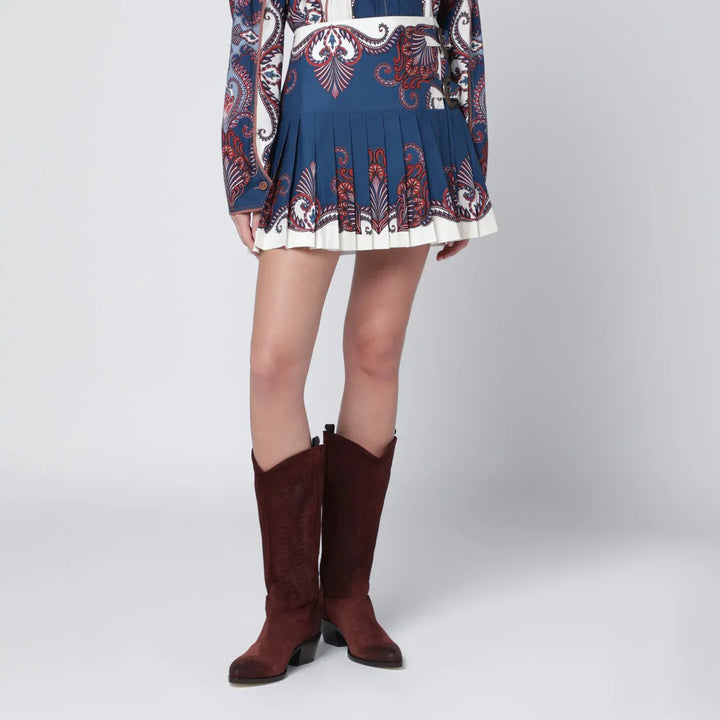 FARM Rio - Deep blue and sand pleated mini skirt with arabesque print Brand Skirts S